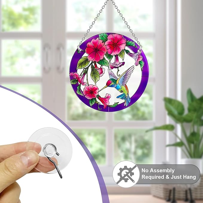 Larger Purple Stained Glass Window Hanging, Hummingbird Gifts for Women, Bird and Flowers Suncatcher, Hummingbird Gifts for Women, Bird and Flowers Suncatcher for Window, Hand Painted Glass