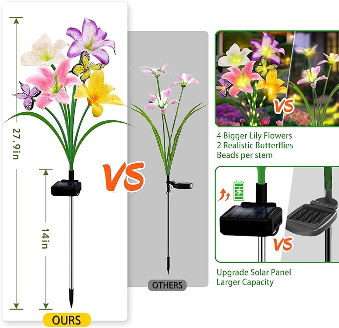 Solar Garden Lights 6 Pack 24 Lily Flowers with Butterfly Decor, Waterproof Solar Flower Lights for Outdoor - Upgraded Decorative Lilies for Yard, Patio, Pathway Decorations & Gardening Gifts