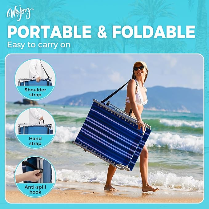 #WEJOY Folding Lounge Chair with Canopy Shade, Portable Adjustable 5-Position Patio Chaise Lounger with Pillow & Pouch for Lay Flat Outdoor Lawn Backyard Beach Camping Pool Tanning (Blue White)