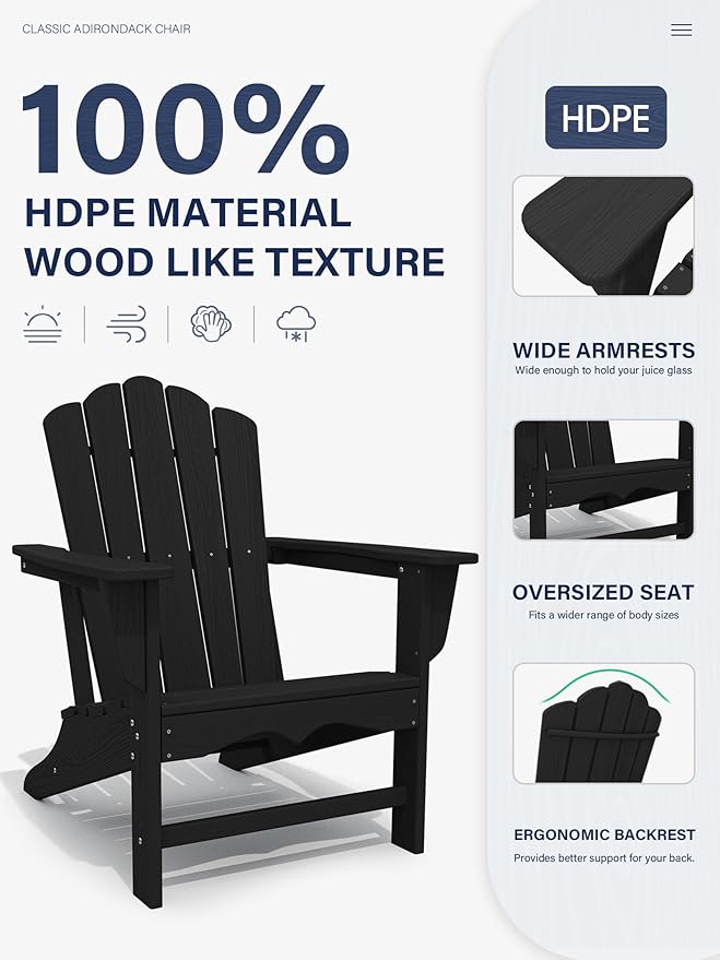 KINGYES HDPE Adirondack Chair, Classic All-Weather Adirondack Chair Set of 2, Black