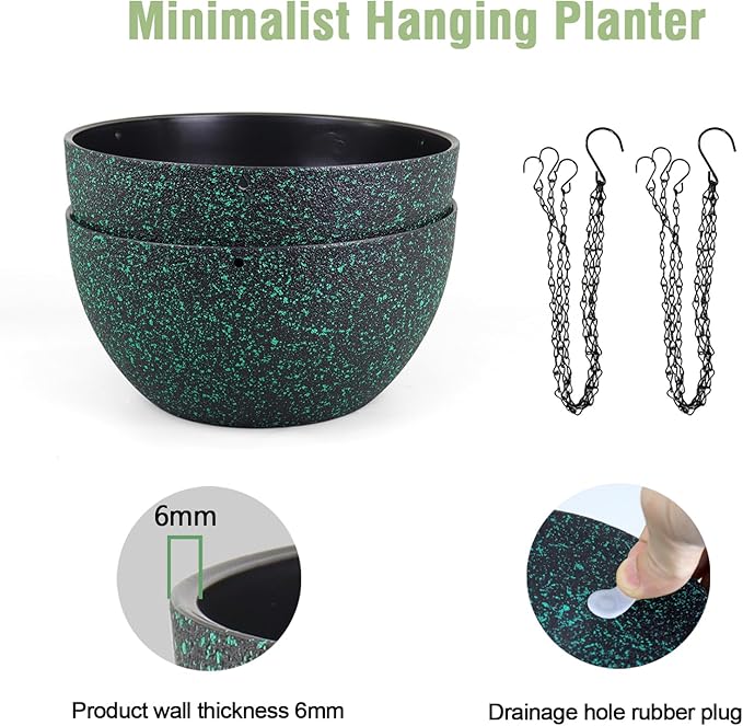 8 inch Small Hanging Planters for Indoor Outdoor Plants, 2 Pack Hanging Flower Pots with Drainage Holes and Chain, Plastic Hanging Baskets for House Plants, Black with Green Speckles