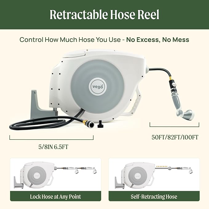 Vego Garden Hose Reel Retractable Hi-Flow x 100ft Wall Mounted Hose Reel Automatic Rewind, Any Length Lock with 9 Patterns Sprayer Nozzle, Quick Connector and Adjustable shot Nozzle-Tidepool Blue