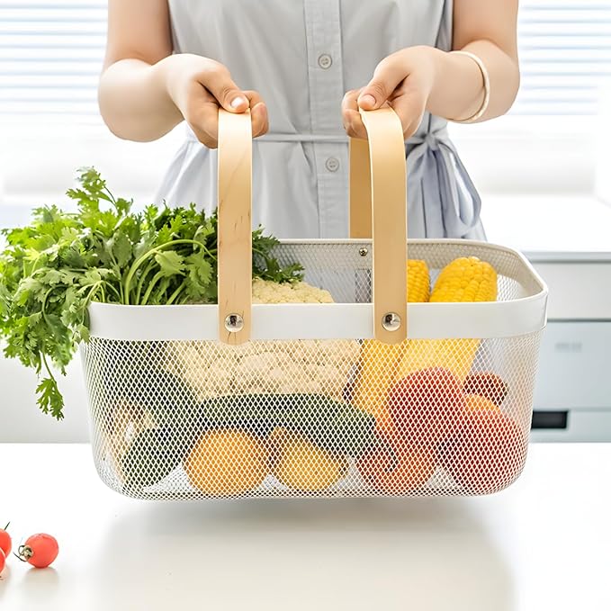 Portable Mesh Harvest Basket - Natural Bamboo Handle Foldable Organizer for Kitchen, Garden & Picnic | Ventilated Storage Bin with Rust-Proof Wire, Space-Saving Farmhouse Decor (Black)