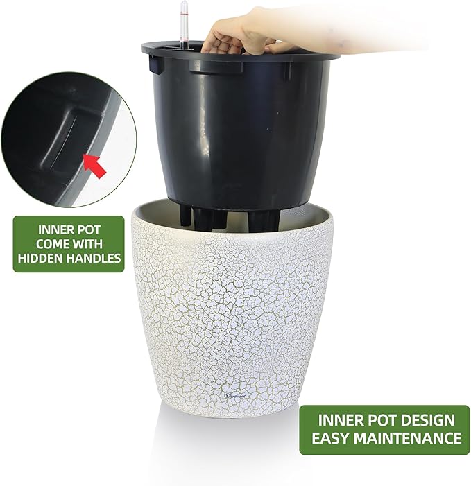 Dexceder 13x12 Self Watering Planter with Wheels Indoor Outdoor, Inner Pot Design, Thickened Large Floor Standing Flower Plant Pot with Water Level Indicator (White Gold Crackle)