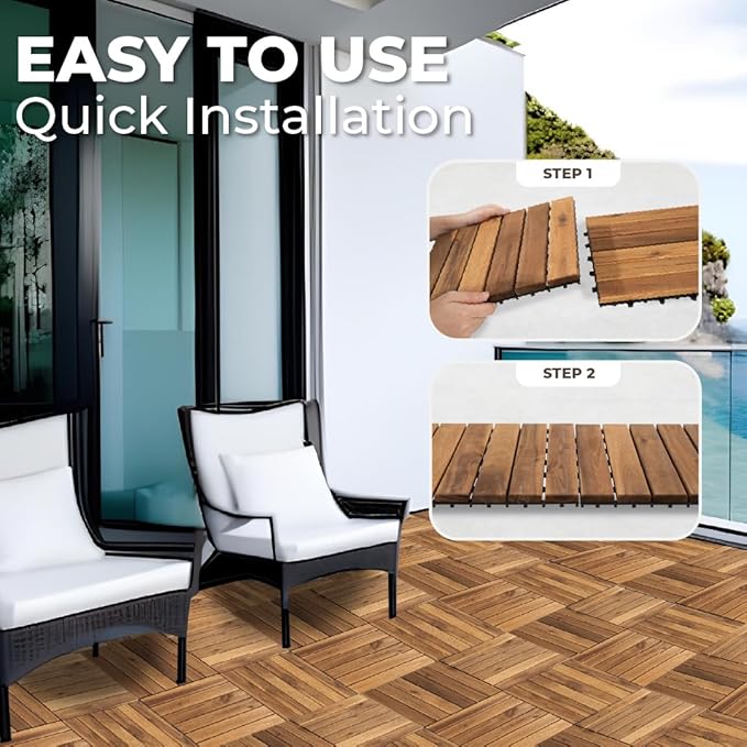 Pack of 10 Deck Tiles - 12"x12" Interlocking Natural Solid Acacia Wood for Outdoor & Indoor, Patio Garden, Balcony, Poolside - Natural6 Color