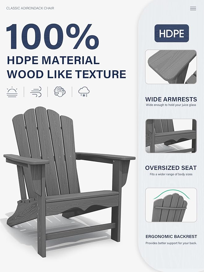 KINGYES HDPE Adirondack Chair Set of 4, Classic Oversize Adirondack Chair, Grey