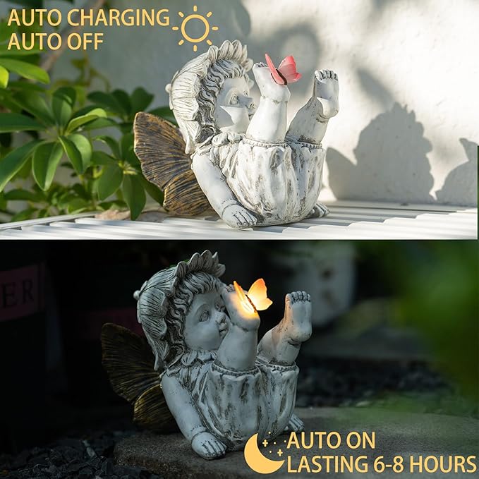 Garden Fairy Outdoor Solar Decor,Fairy Garden,Garden Sculpture,Resin Ornaments for Patio Lawn Yard Porch,Playful Garden Flower Fairy Statues for Outside Angel Gifts,7.91 Inches Tall