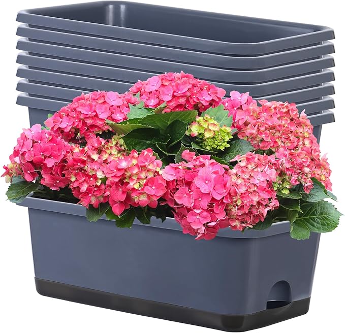 Window Box Planter 8 Pcs, 17 Inches Rectangle Flower Pots with Drainage Holes and Trays, Vegetable Planters for Windowsill Patio Garden Balcony Home Porch Yard Indoor Outdoor (Grey)