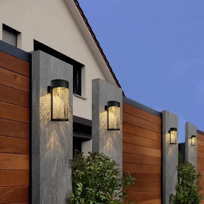 2PK Solar Outdoor Wall Lights with Crackle Glass Shade, Porch Fence Exterior Light Fixture Solar Powered Wall Scones