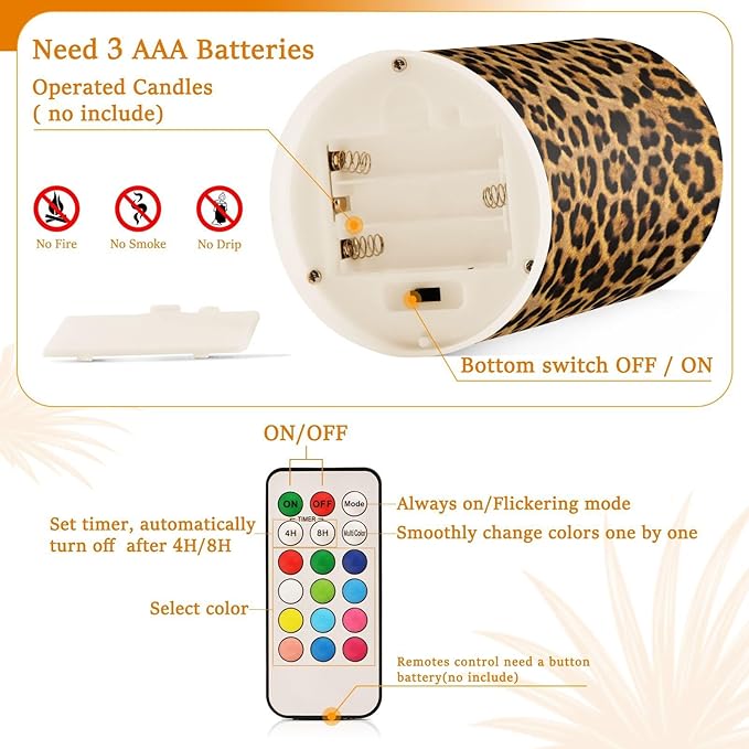 Flickering Flameless Candles, Leopard Texture LED Candles with Remote Timer, Set of 2 Battery Operated Candle for Valentine Wedding Birthday
