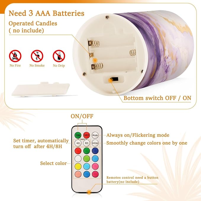 Flickering Flameless Candles, Purple Gold Marble LED Candles with Remote Timer, Set of 2 Battery Operated Candle for Valentine Wedding Birthday