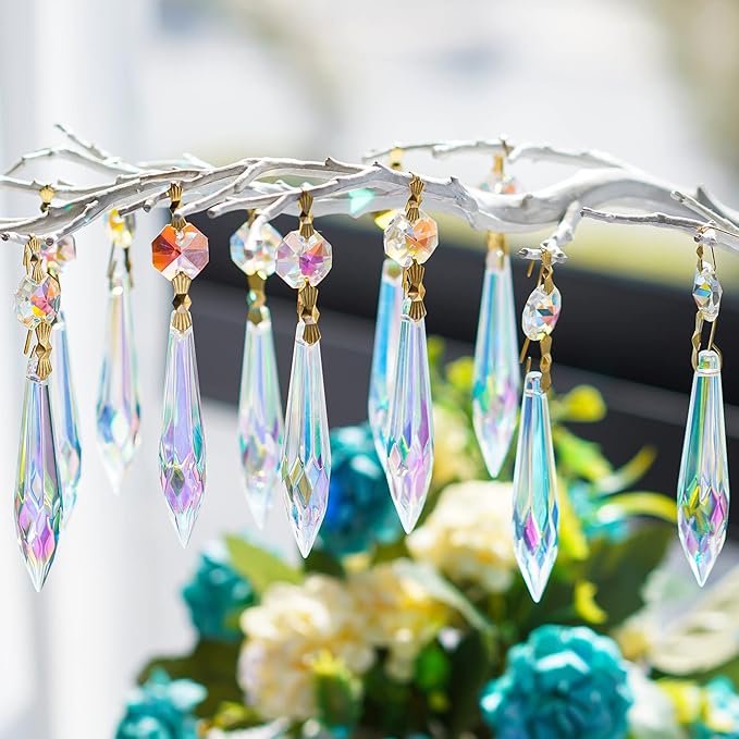 20pcs Large Colorful Crystal Prisms for Chandeliers Suncatchers, 63mm Crystal Icicle U-Drop Prisms Lamp Parts with Metal Bow Clips