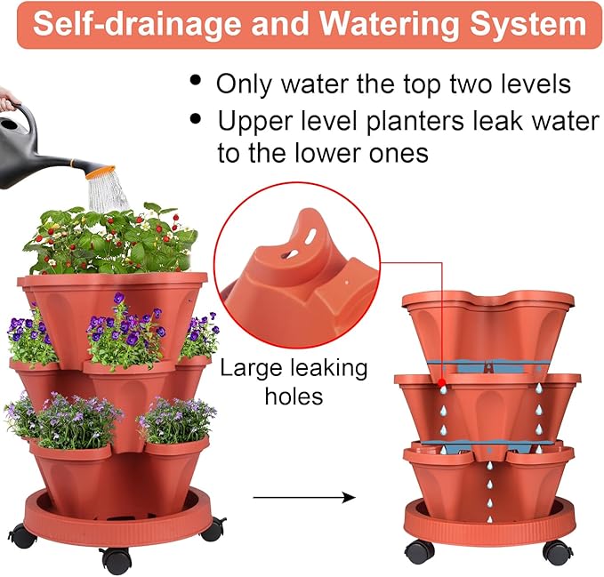 Vertical Planter 3 Tier Stackable Planters Garden Planters Strawberry Herb Flower and Vegetable Planter Indoor Outdoor Gardening Pots with Removable Wheels and Tools