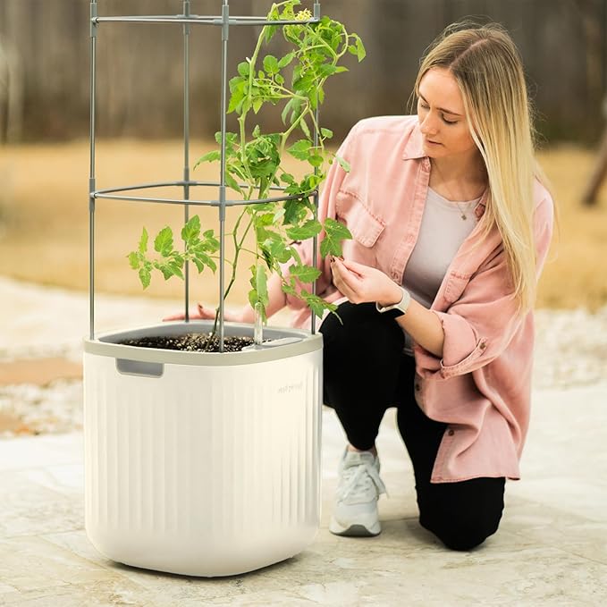 Vego garden Planters for Outdoor & Indoor Plants, Large Plant Pots with Self Watering, 15" Tall Large Plant Pots with Trellis for Flowers Plants Decor, Cream White