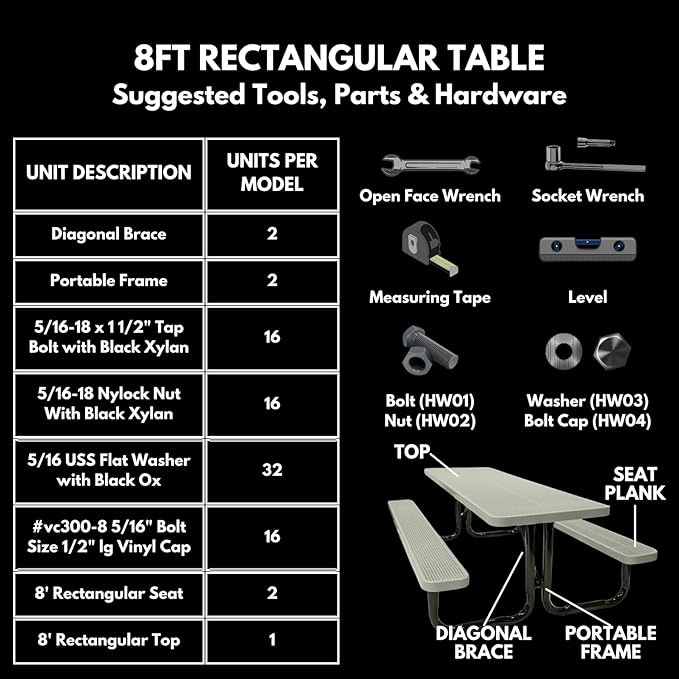 Heavy-Duty Portable Outdoor Picnic Table, Thermoplastic Coated Punched Steel Commercial-Grade Patio Dining Furniture Made in America (8ft Rectangular, Textured Gold Vein)