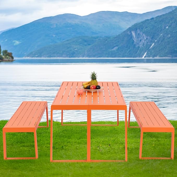 Aoodor 3-Piece Outdoor Patio Dining Set, Aluminum Furniture Set with 1 Rectangular Picnic Table and 2 Benches for Garden, Lawn, Yard