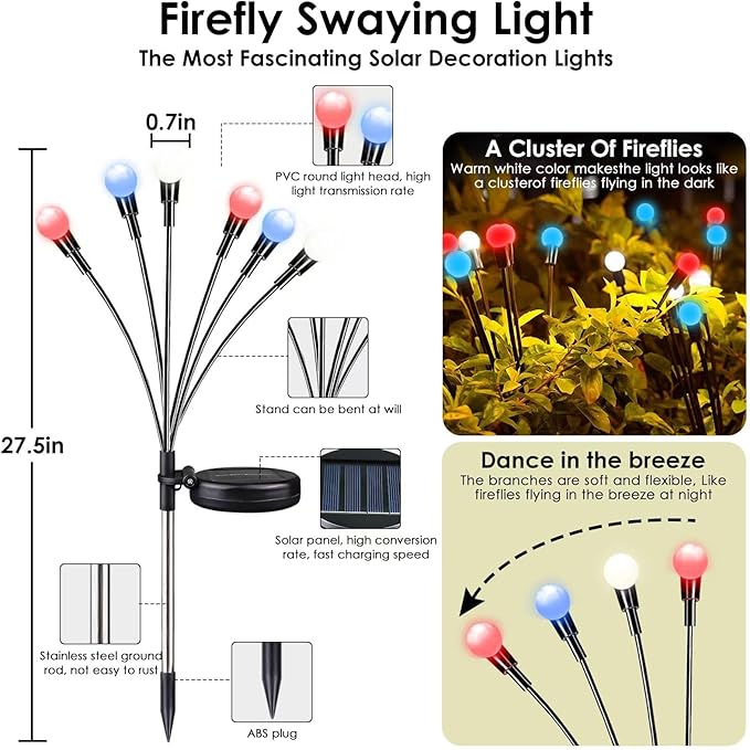 Red White and Blue Solar American Flag Firefly Lights, 8 PK Firefly Light 4th of July Patriotic Solar Outdoor Lights Waterproof, Independence Day Patriotic Decor for Garden Yard Decorations