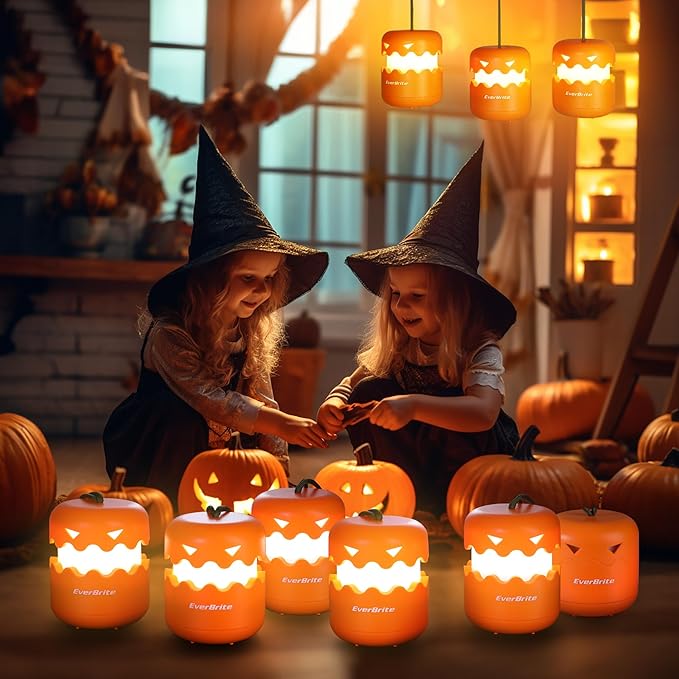 EverBrite 3-Pack Halloween Pumpkin Lantern, Collapsible Jack O Lantern Pumpkins with Lanyard, Halloween Party Favors for Kids, Light up Pumpkin Outdoor for Halloween Party Decoration, Battery Included