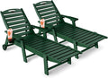 Lounge Chair Outdoor Set of 2, 6-Position Adjustable Chaise Lounge Outdoor with Wheels, Lounge Chair with Cup Holder for Pool Poolside Deck Backyard Patio, Green
