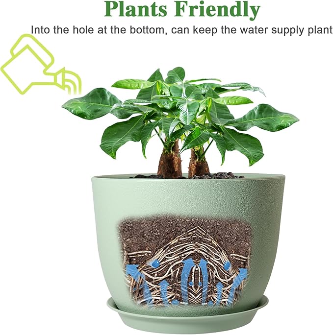 12/10/9 Large Modern Plant Pots, Plastic Planters with Drainage Holes and Saucers for Indoor Outdoor Plants Flowers, Green