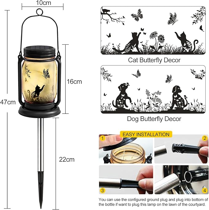 4 Pack Outdoor Hanging Solar Lantern, Cat & Dog Butterfly Theme Vintage Glass Mason Jar Solar Fairy Lights, Gifts for Mom, Father, Waterproof Garden Lights for Patio Yard Lawn Tree Party Decor
