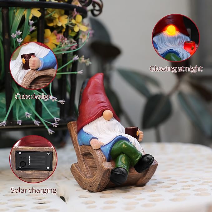 Solar Garden Gnomes Outdoor Statue with Solar Lights,7.1“ Figurine Lights Solar Garden Yard Decorations Outdoor Decorations for Patio,Yard,Lawn Ornament，Mom Gift Unique Housewarming Gifts