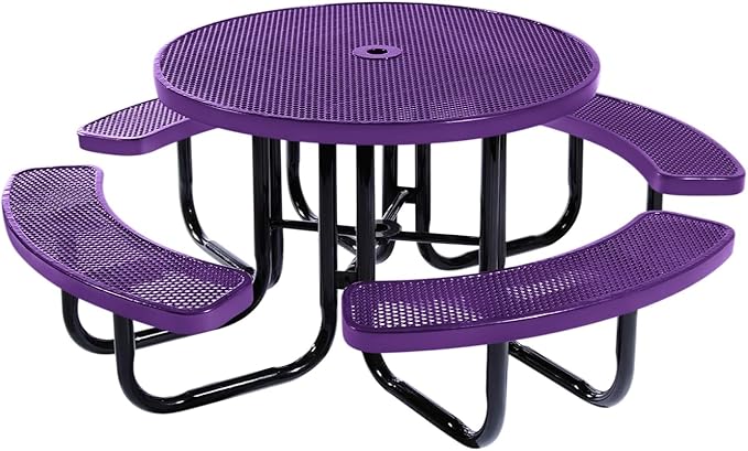 Heavy-Duty Portable Outdoor Picnic Table with Umbrella Hole, Punched Steel Commercial-Grade Patio Dining Furniture Made in America (46" Round Top, Purple)