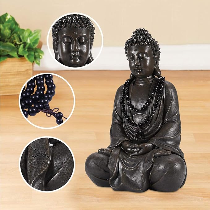 Goodeco 11.4" Meditating Buddha Statue Home Decor - Meditation Gifts for Room/Garden/Patio/Deck/Porch Yard Art Decoration, Zen Decor Buda Statues with Natural Wood Beaded Necklace