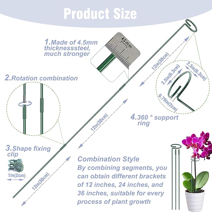 4.5mm Adjustable Length Plant Stake, Assembled (12 or 24 or 36 inch) Outdoor and Indoor Plant Support Poles for Flowers Marigolds Tomatoes Lilies Peonies Roses Daffodils Flower Clips (8 Sets, 32 Pcs)