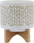 8" Ceramic Planter Stand, Ivory/Beige Chevron with Wooden Base, Indoor/Outdoor Planter with Stand for Your Succulents and Small Plants
