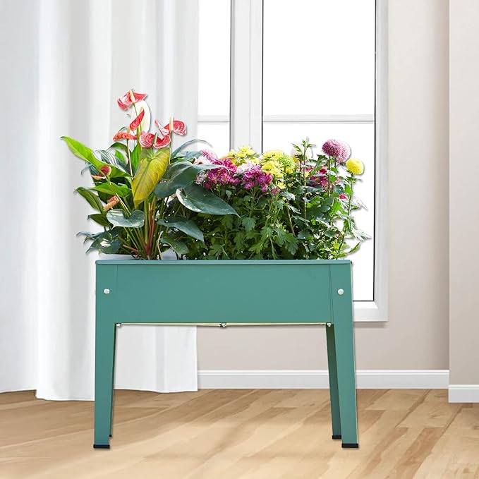 Raised Garden Bed, Elevated Planter Green Metal Plant Box with Legs Standing Garden Stand Drainage Holes Green(Green 24" L x 11" W x 18" H)
