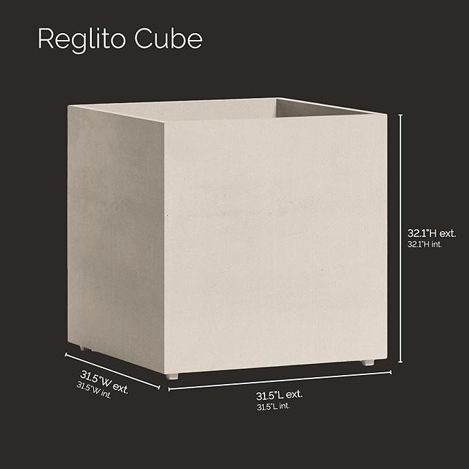 Reglito Cube Planter – Fiberglass Indoor/Outdoor and Weather-Resistant Large Planter (Sand Stone, 31.5" L x 31.5" W x 32.1" H)