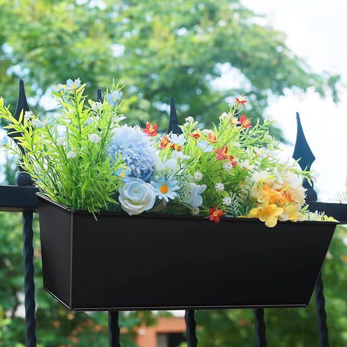 Railing Planter for Outdoor Plants 16 Inch Metal Rectangular Window Boxes with Adjustable Brackets and Drainage Hanging Flower Pots for Balcony Deck Railings Apartment Patio Decor Black(4PCS)