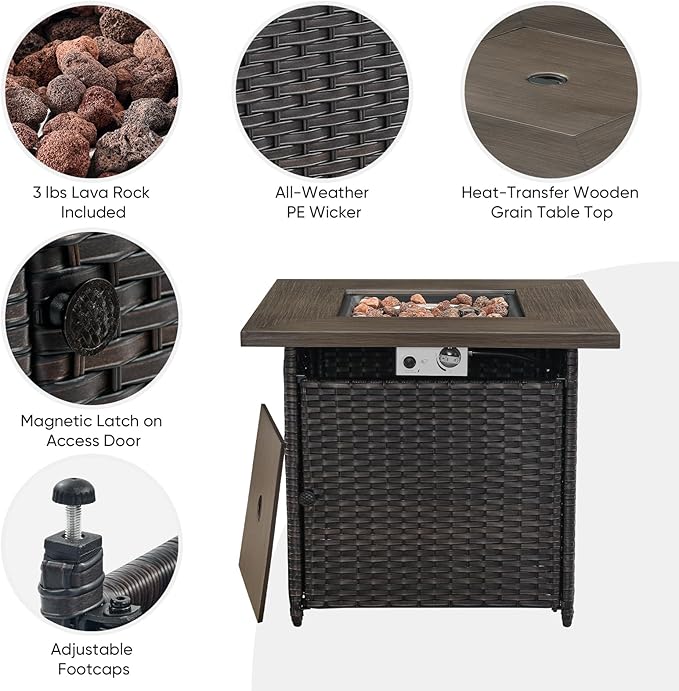Outdoor Patio Furniture Set with 50000BTU Propane Fire Pit Table, 4 Pieces Wicker Patio Conversation Set with 2 Swivel Rocker Glider Chairs Rattan Sofa Beige Cushion Perfect for Gathering