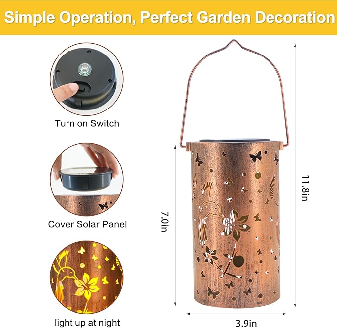 2 Pack Hummingbird Solar Lanterns Outdoor Hanging Lantern Lights, Hollowed-Out Metal Decor Lantern