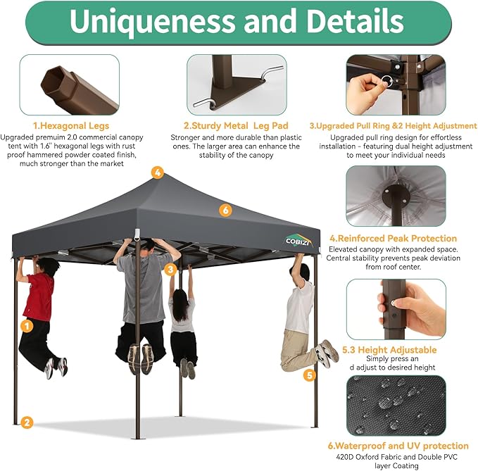 COBIZI 10x10 Pop Up Canopy Tent Heavy Duty with 4 Sidewall, Commercial Outdoor Easy Pop Up Gazebo for Party Wedding All Weather Waterproof UV 50+ with Carry Bag(Leg Upgraded),Gray