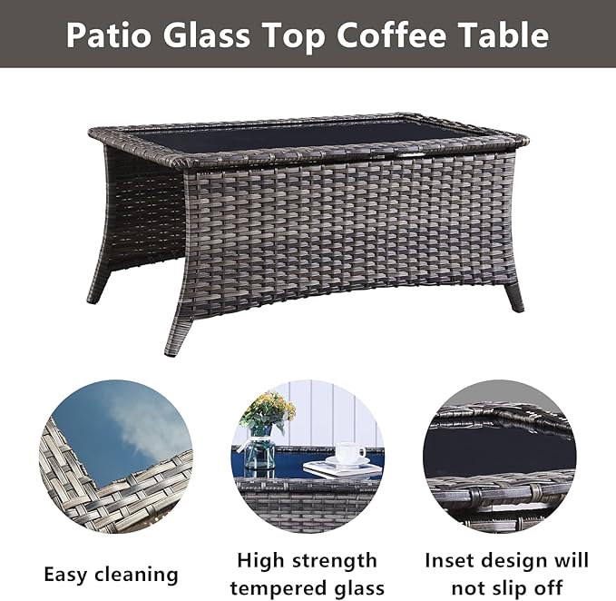 Wicker Patio Furniture Sets - 8 Piece Outdoor Rattan Furniture Conversation Sets with 4 Swivel Rocker Chairs, Rattan Sofa, Wicker Ottomans and Coffee Table, Mixed Grey/Grey