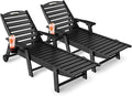 Lounge Chair Outdoor Set of 2, HDPE Chaise Lounge Outdoor with 6-Position & Wheels &Cup Holder, Pool Lounge Chair for Pool Poolside Deck Backyard Patio, Black