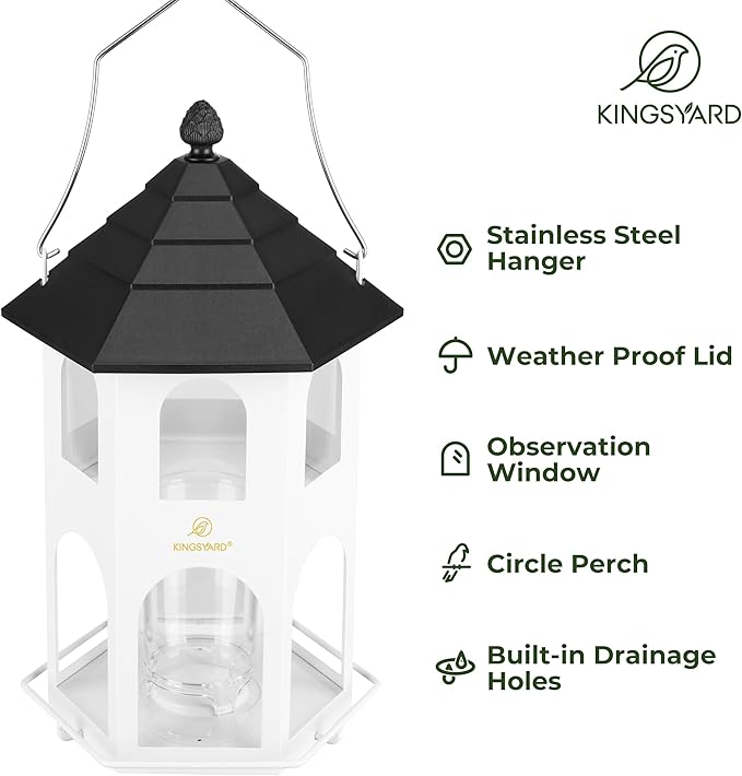 Kingsyard Metal Bird Feeder for Outdoor Hanging, Wild Bird Feeders with Circular Perch, Easy to Clean & Refill, 4 lbs Large Seed Capacity, White