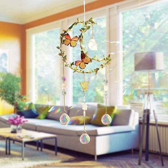 Suncatcher Moon Crystal Rose Quartz Sun Catcher Window Hanging, Good Luck Charms Gifts for Women Chrismas Thanksgiving Birthday Crystal (Rose)