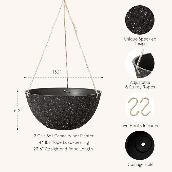 LA JOLIE MUSE Large Hanging Planters for Outdoor Plants - 13 Inch Hanging Basket for Patio Set of 2, Speckled Black