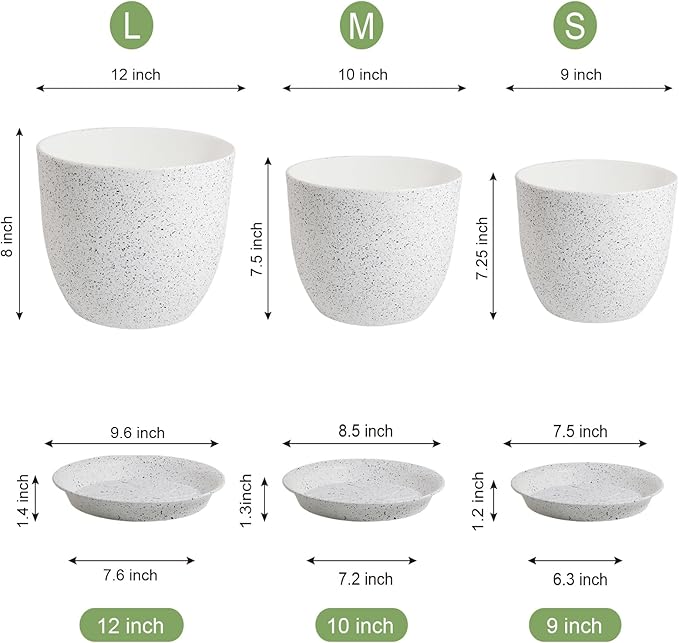 Large Flower Pots 12/10/9 inch, Set of 3 Modern Decorative Plastic Planters with Drainage Holes and Saucers for Garden House Plants, Plant Pots for Indoor Outdoor Plants, Speckled White