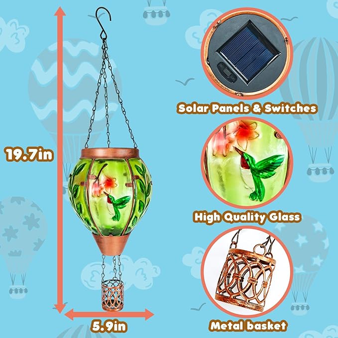 2 Pack Solar Hot Air Balloon Lantern with Flame，Hummingbird Outdoor Solar Lanterns for Outside Garden Yard Farmhouse Patio Pathway Decoration, Hummingbird Gifts for Women Grandma Mom - Hummingbird
