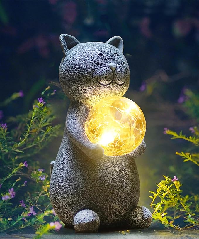 Solar Cat Statue Garden Decor - Cat Lover Gifts, with Gazing Solar LED Lights Ball Cat Decoration for Garden Yard Patio Lawn Balcony - Gifts for Mom Grandma (Gray Cat)