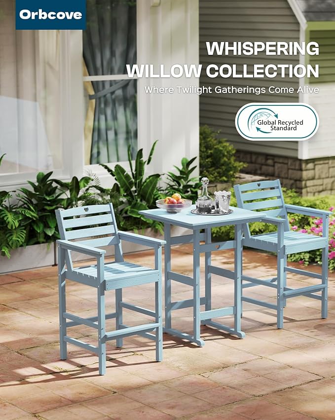 3-Piece Bar Height Outdoor Table and Chairs Set, HDPE Wood Grain Patio Bar Table and Chairs with Heart Cutout Design, Weather-Resistant Bar Height Furniture for Deck, Porch, Pool (Light Blue)