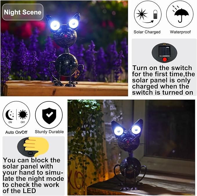 Black Cat Metal Yard Art Statue Light,Garden Outdoor Black Cat Statue Light Decoration,The for cat Lovers.(Black Cat)