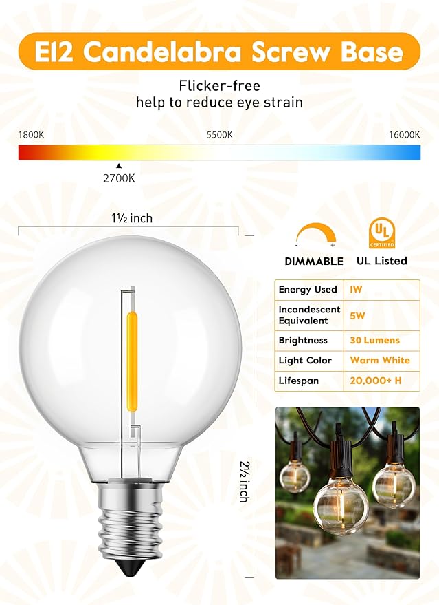 Brightown G40 Led Replacement Light Bulbs, 1W Shatterproof Globe Plastic Bulb Fits E12 or C7 Candelabra Screw Base, 1.5 Inch Dimmable Light Bulbs for Indoor Outdoor Patio Decor, Warm White, 50 Pack