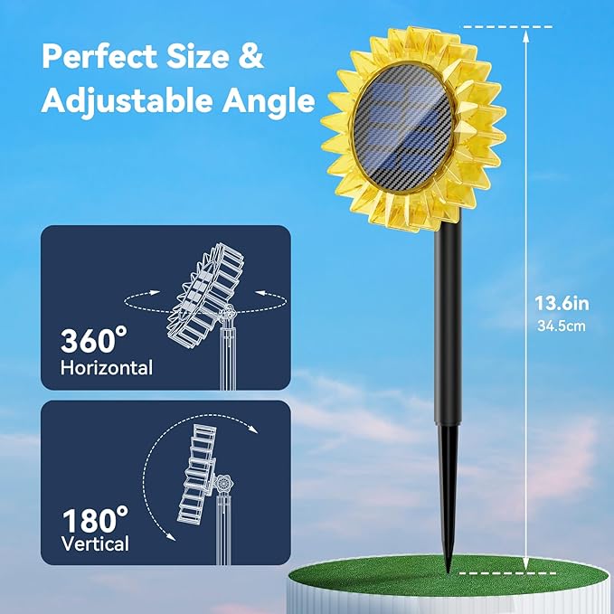 Solar Garden Lights - Upgraded Solar Sunflower Light, Ground/Wall 2 In 1, Outdoor Lights Waterproof IP67,Garden Yard Patio Backyard Pathway Landscape Fence Wall Decoration, Warm White(2 Pack)