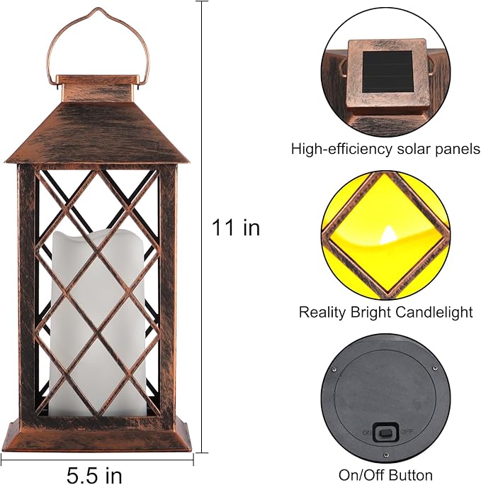 Solar Lantern Outdoor Waterproof Garden Decor Hanging Lanterns Birthday Gifts for Women Mom 11" LED Flickering Flameless Candle Christmas Table Lights for Yard, Patio, Porch, Backyard (1 Packs)
