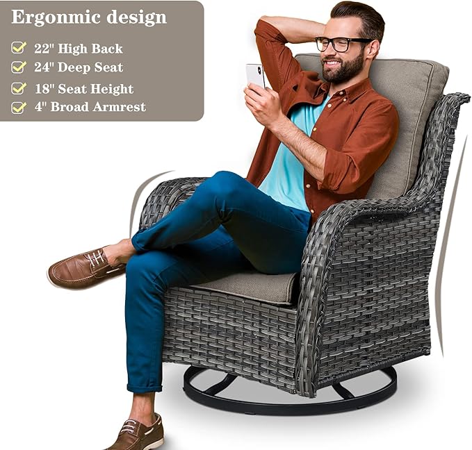Outdoor Swivel Rcoker Patio Chairs - Outdoor Swivel Patio Chairs Set of 2 Wicker Chair Patio Furniture Sets with Covered Cushion for Porch Deck Balcony Garden, Gray